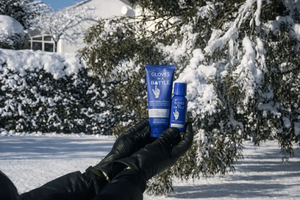 Product photo in snow. Gloves In A Bottle works differently to traditional lotions by bonding with the outer layer of skin to create an invisible, breathable shield that locks in our natural moisture and protects from outside irritants.